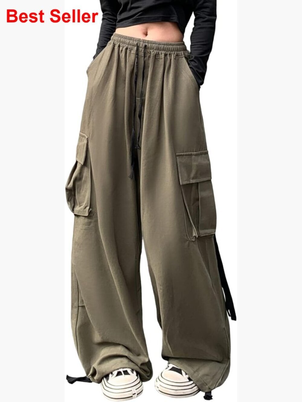 Full Cotton Cargo Pants with Drawstring High Waist Wide Leg